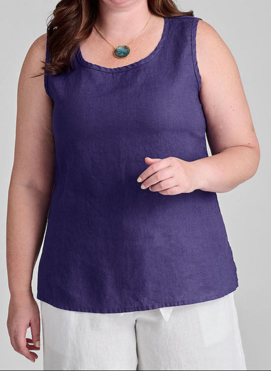 Sunny Tank, shown in solid Indigo, size Medium. 100% European Linen, Machine Washable.