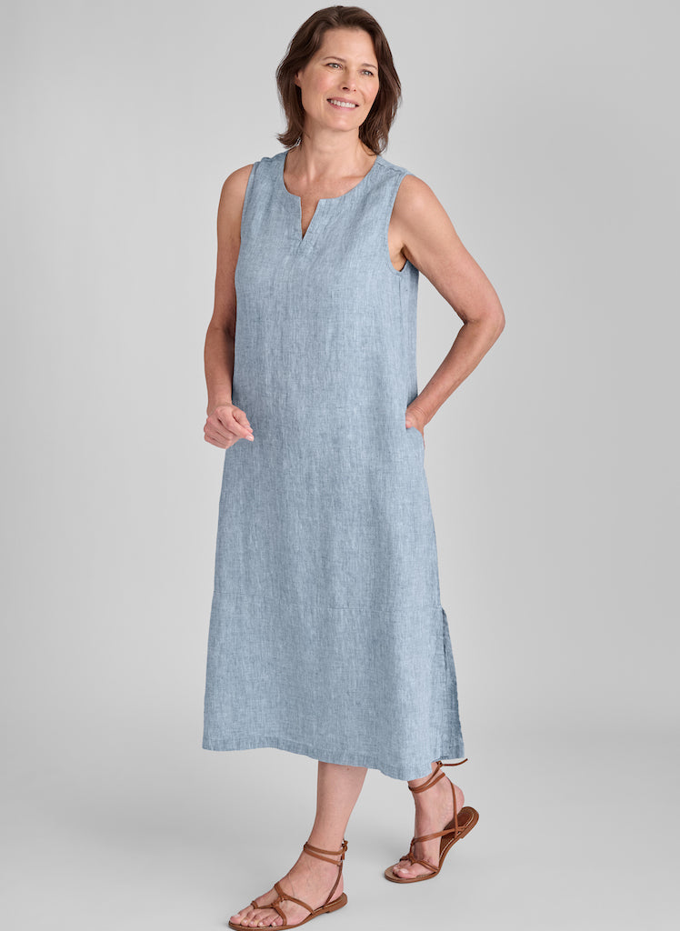 Tahira Dress, shown in Dark Teal Yarn Dye, size Small. Model is 5'9" tall. If you are shorter, then this dress will be longer on you, landing closer to your ankle. 100% Yarn Dyed European Linen, Pre-shrunk, Machine Washable.