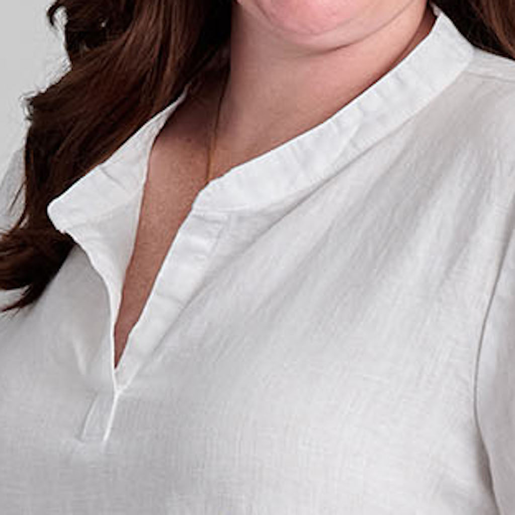 Terra Top (shown in White), zoom on mandarin collar and split v-neckline.  100% European Linen, Machine Washable.