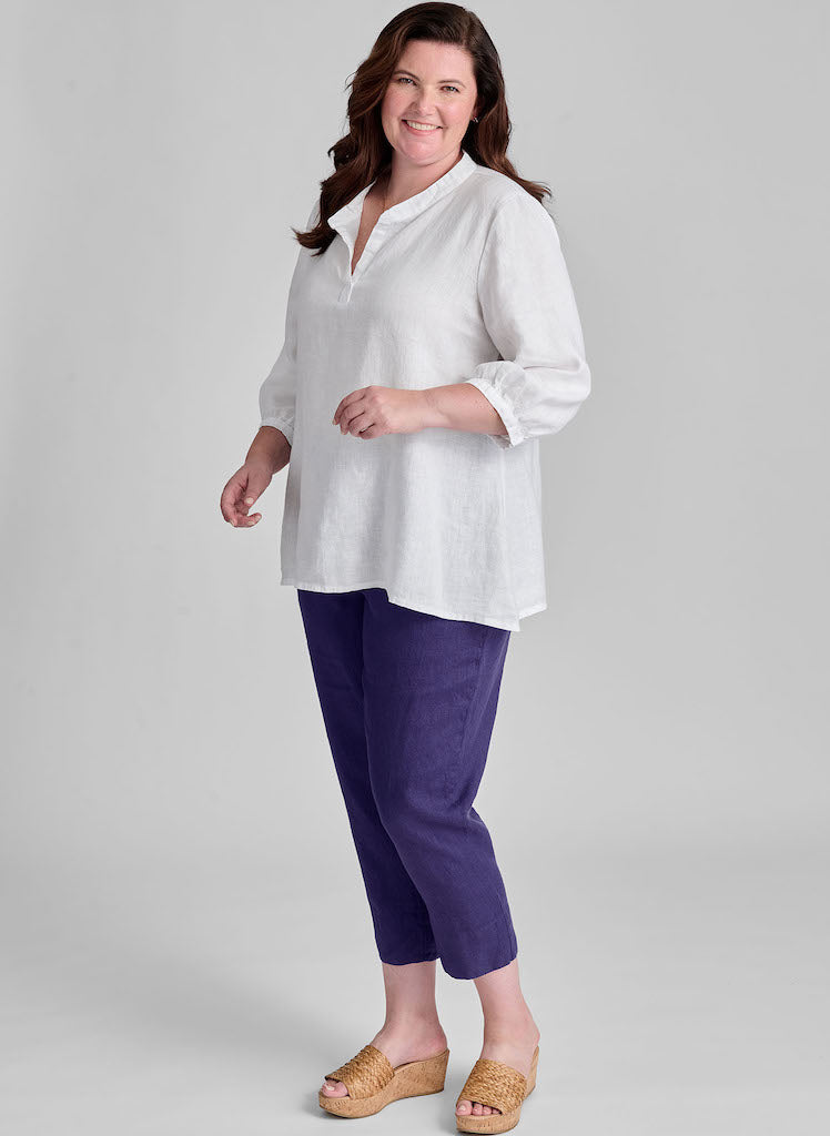 Terra Top (White) paired with the Travel Pant (Indigo).  Model is 5'9" tall, wearing size Medium.  100% European Linen, Machine Washable.