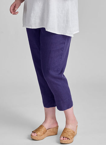 Travel Pant, shown in Indigo.   Model is 5'9" tall, wearing size Medium.  100% European Linen, Machine Washable.