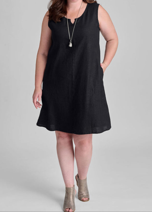 True Dress, shown in solid Black, size Medium.  Model is 5'9" tall.  100% European Linen, Machine Washable.