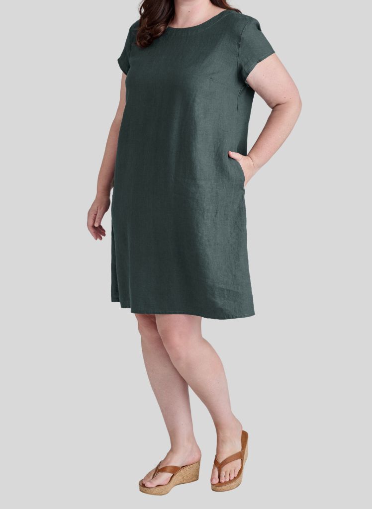 Tuck Back Dress, shown in Petrol, size Medium on 5'9" model. 100% European Linen.
