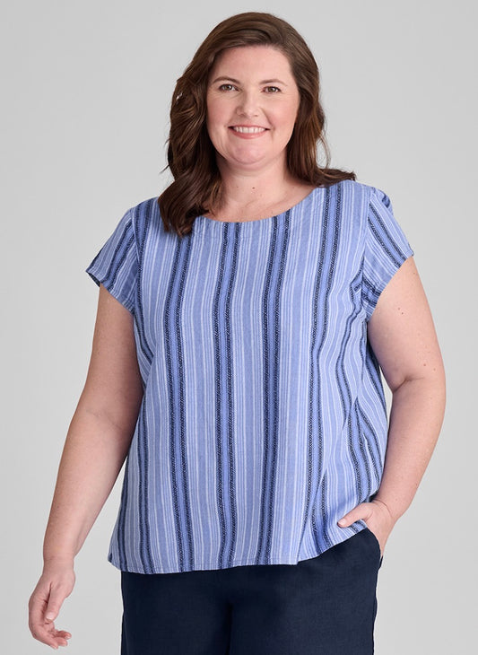 Tuck Back Tee, shown in Sky Stripe, size Medium. 100% European Linen.