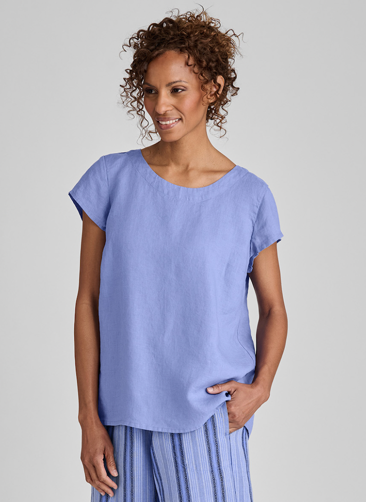 Tuck Back Tee, shown in Periwinkle, size Small.  100% European Linen.