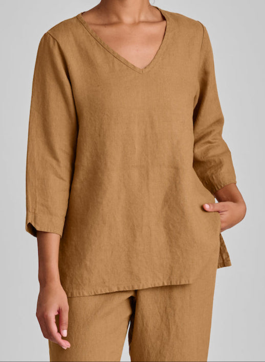 V Pullover, shown in Ginger, size Small.  100% European Linen, pre-shrunk, machine washable.