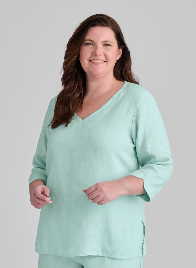 V Pullover, shown in Mint (light mint green), size Medium. 100% European Linen.