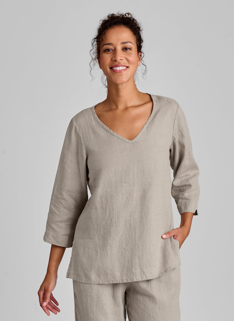 V Pullover, shown in Natural, size Small. 100% Linen.
