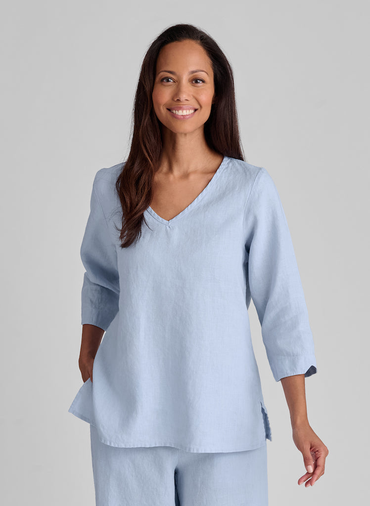 V Pullover, shown in Powder (light blue), size Small. 100% European Linen.