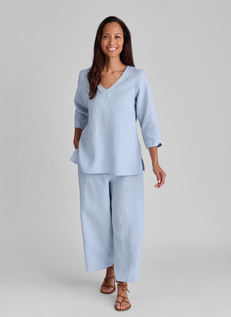 V Pullover paired with the Sociable Floods, shown in Powder. Model is 5'9" tall, wearing size Small. A monochromatic look that is sleek and incredibly versatile. 100% European Linen.