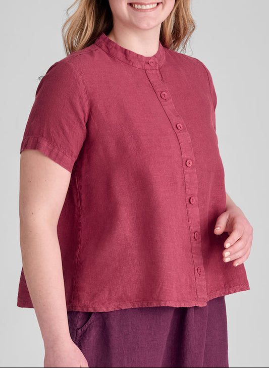 Zdenka Blouse, shown in Cranberry, size Small. Model is 5'8" tall.