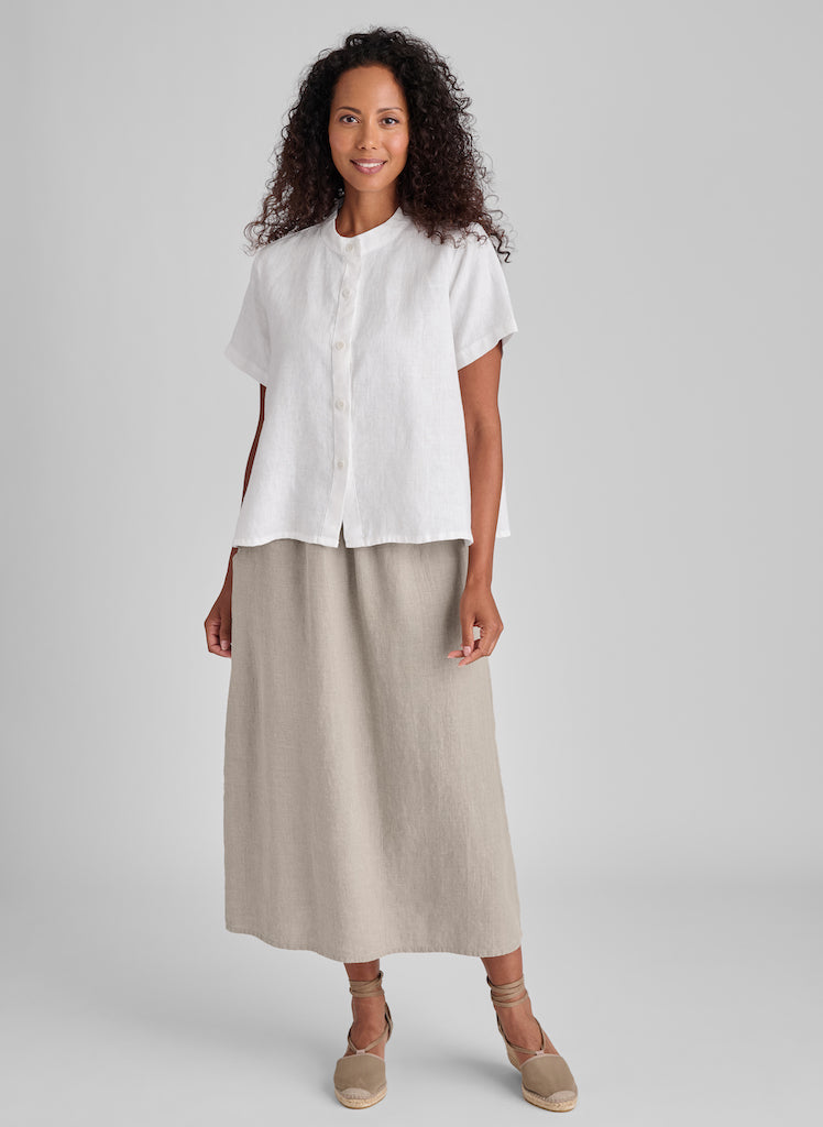 Zdenka Blouse (White) paired with the Go-To Skirt (Natural).  Model is 5'9" tall, wearing size Small.  100% European Linen.