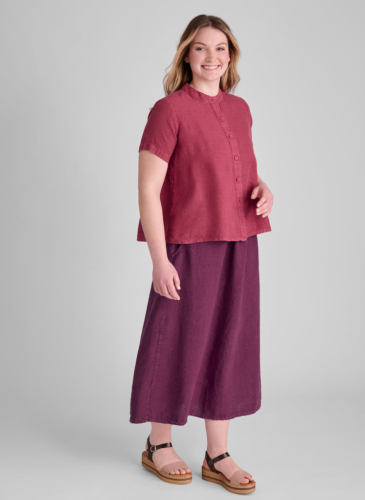 Zdenka Blouse (Cranberry) paired with the Go-To Skirt (Mulberry).  Model is 5'8" tall, wearing size Small.  100% European Linen.