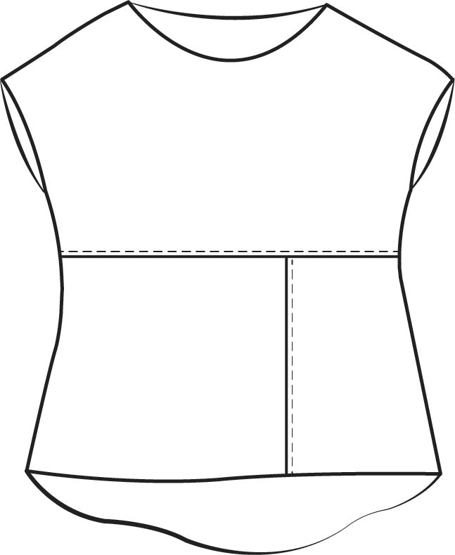 Aria Tee, detailed sketch highlights drop shoulders, unique seam detail, and hi-low hem.