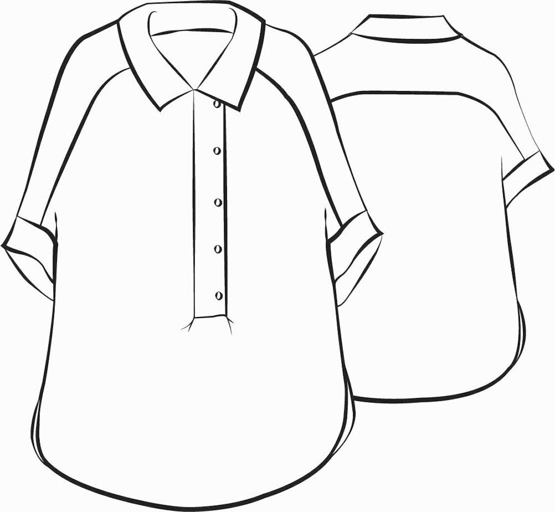 Sporty Shirt- a relaxed pullover, shirt collar, button down top, drop shoulders, elbow length sleeves, rounded shirttail hem, lands below hip. In Solid Linen or Linen Gauze. FLAX de Soleil 2022.