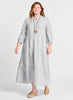Gaia Dress, shown in Stormy Stripe.  Model is 5'9" tall, wearing size Medium.  100% Linen.