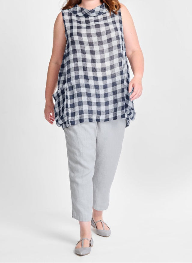 Artful Tunic (shown in Navy Check) paired with Pocketed Ankle Pant, in Silver. FLAX En-Core 2023. Model is 5'9" tall, wearing size Medium.
