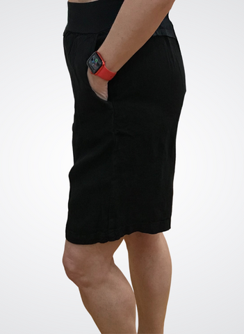 Linen Walking Short, shown in Black (size Medium), featuring the Wide Cotton Knit Waistband and side pocket detail