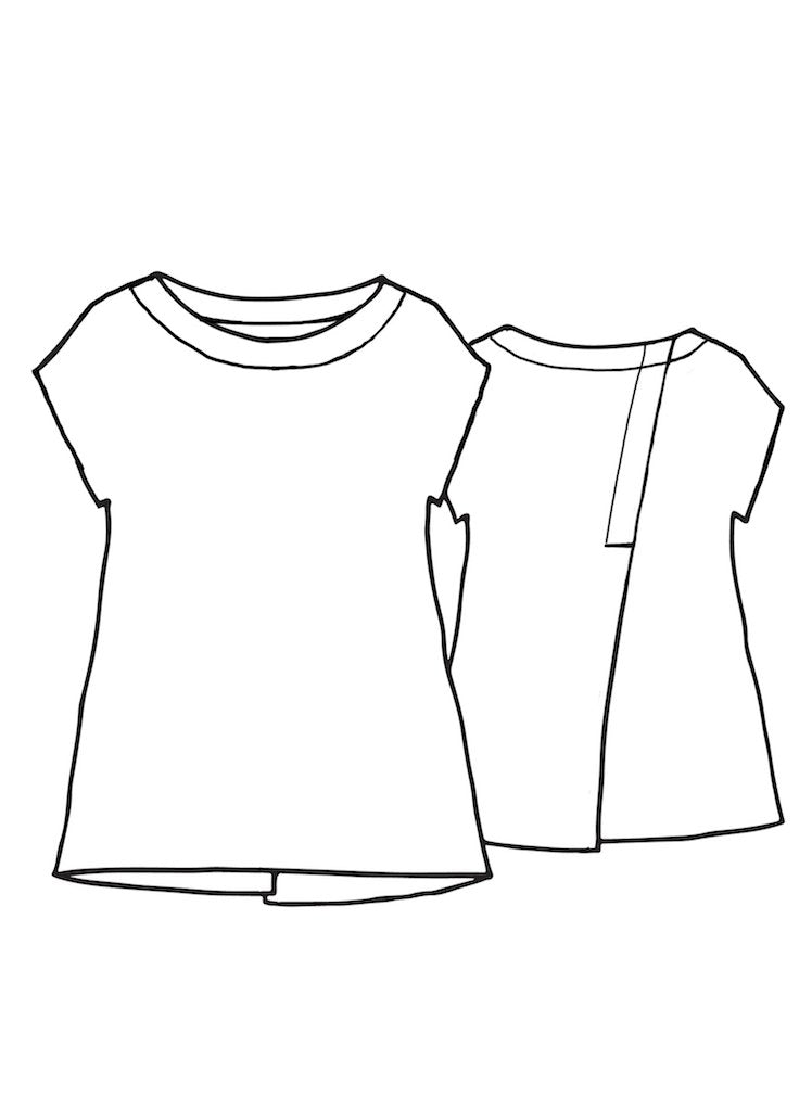 Back Slit Tee (sketch shown) - boat neck, drop shoulders, short sleeves, back slit detail on back, hi-low hemline, 100% European Linen.