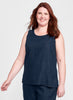 Fundamental Tank (shown in solid Midnight), sleeveless tank top, 100% Linen, solid colors.