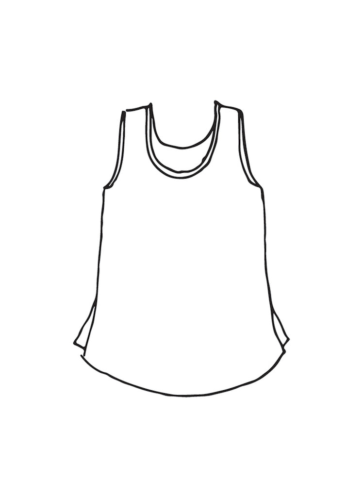 Fundamental Tank (detailed sketch), a sleeveless 100% linen tank, with a scoop neckline, ample shoulder coverage, finishing on the hip with adorable side slits.