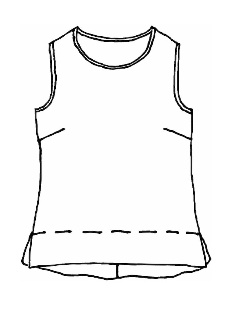 Roadie Top, detailed sketch. sleeveless tank with a high rounded neckline (more like a boat neck), wide bust darts for shaping, center seam on the back, and a wide hem finished with side slits.