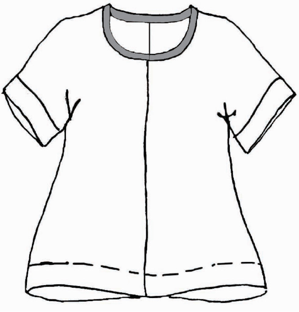 Tee Top (detailed sketch), features center seam detail, wide hem along bottom, cuffed short sleeves. 100% Linen body, with cotton knit trim on the neckline.