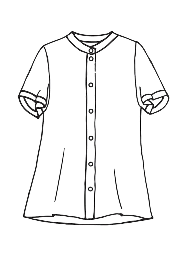 Zdenka Blouse (detailed sketch).  Mandarin Collar, short sleeves with hem finish, button down front closure.  100% Medium-weight European Linen.
