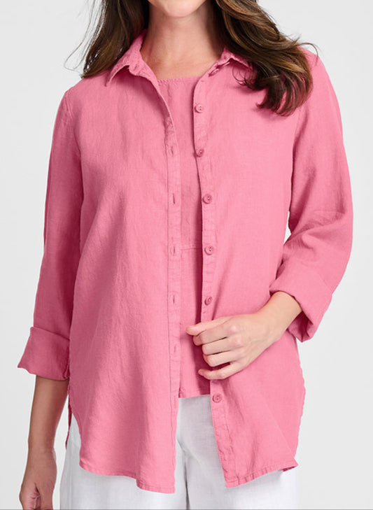 Crossroads Blouse (Bubblegum) is layered over the Aria Tee (Bubblegum).  Model is 5'9" tall, wearing size Small.