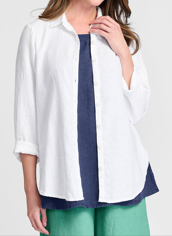 Crossroads Blouse (White), layered over the Upward Tank (Peacoat).  Model is 5'9" tall, wearing size Small.