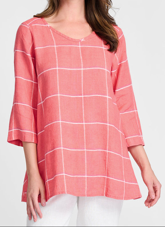 Dreamy Top, shown in Salmon Tattersall (paired with the Pocketed Ankle Pant in White). Model is 5'9" tall, wearing size Small.