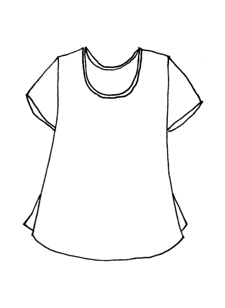 Fundamental Tee (detailed sketch), a classic linen t-shirt, with a scoop neckline and short sleeves, finishing on the hip with side slits for added comfort and movement, woven in 100% Linen, with a variety of solid colors, in Regular or Plus sizes. Collection: FLAX Classics 2021.