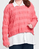 Cropped Pullover, shown in Watermelon Pucker (layered over the Skyline Blouse, in White).  Model is 5'9" tall, wearing size Medium. 