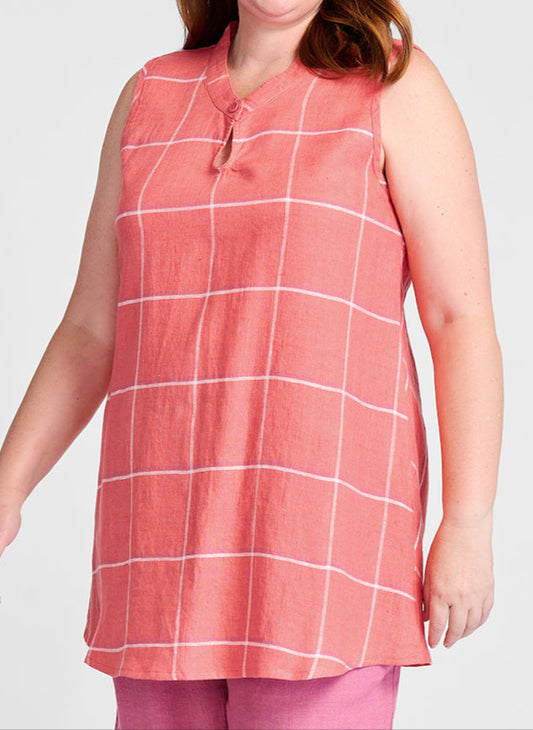 Keyhole Tunic, shown in Salmon Tattersall.  Model is 5'9" tall, wearing size Medium.