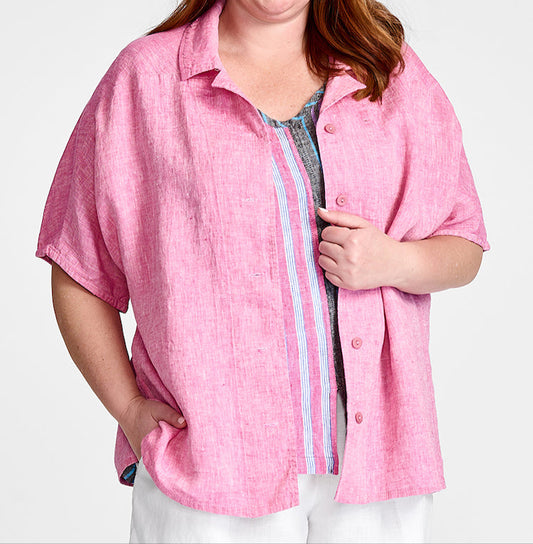 Lauren Shirt, shown in Magenta Yarn Dye.  Layered over the Open Tank, which is N/A.  Model is 5'9" tall, wearing size Medium.