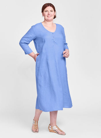 Pure Night Dress (shown in solid Periwinkle) - 3/4 sleeves, a soft v-neckline, button down top, side pockets, shaping seams, 100% Linen, FLAX de Soleil 2022