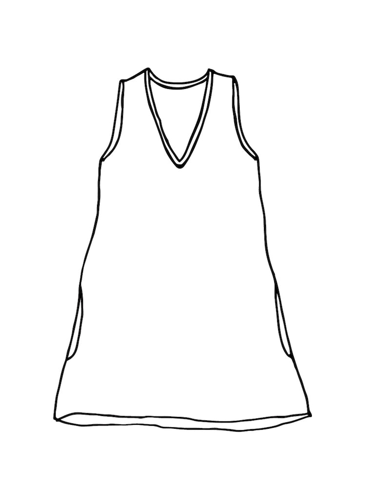 V-Neck Tunic (detailed sketch), showing v-neckline, a-line shape, and side seam pockets that land on the hip.