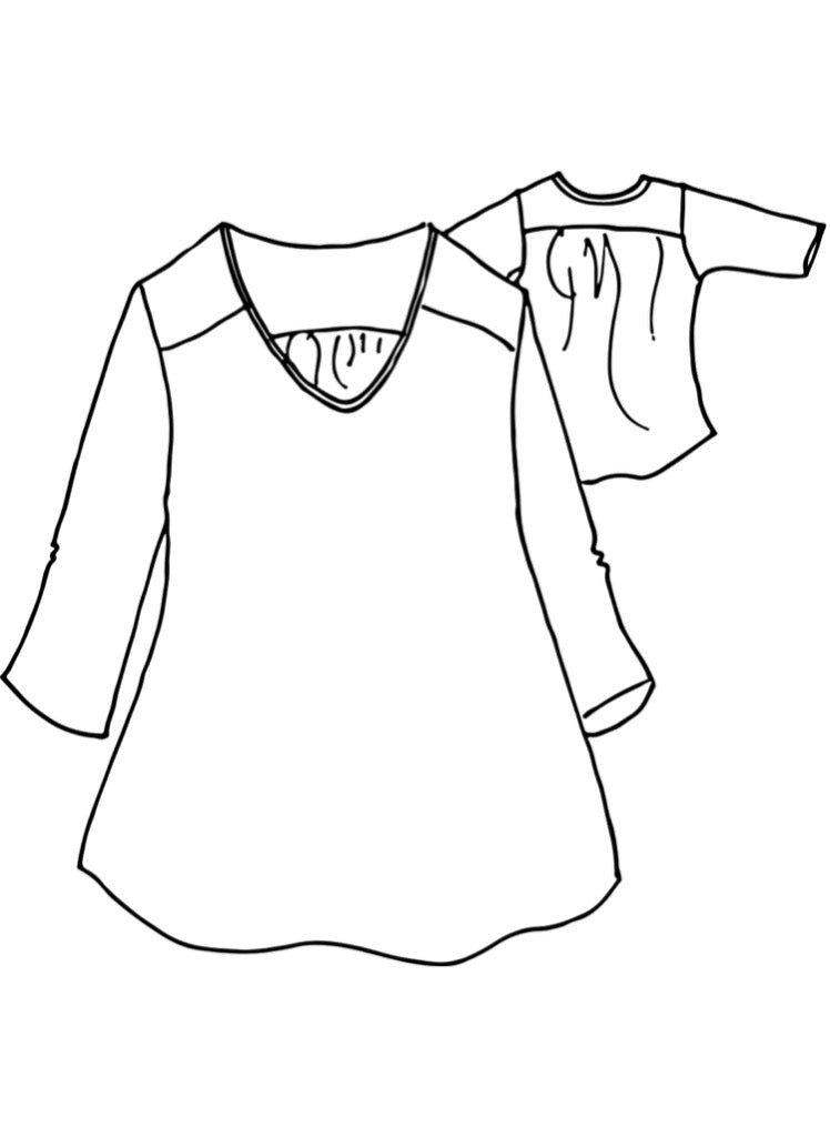 Dreamy Top (sketch shown) - a 3/4 sleeve linen tunic top, with flattering shape and gathered back yoke.