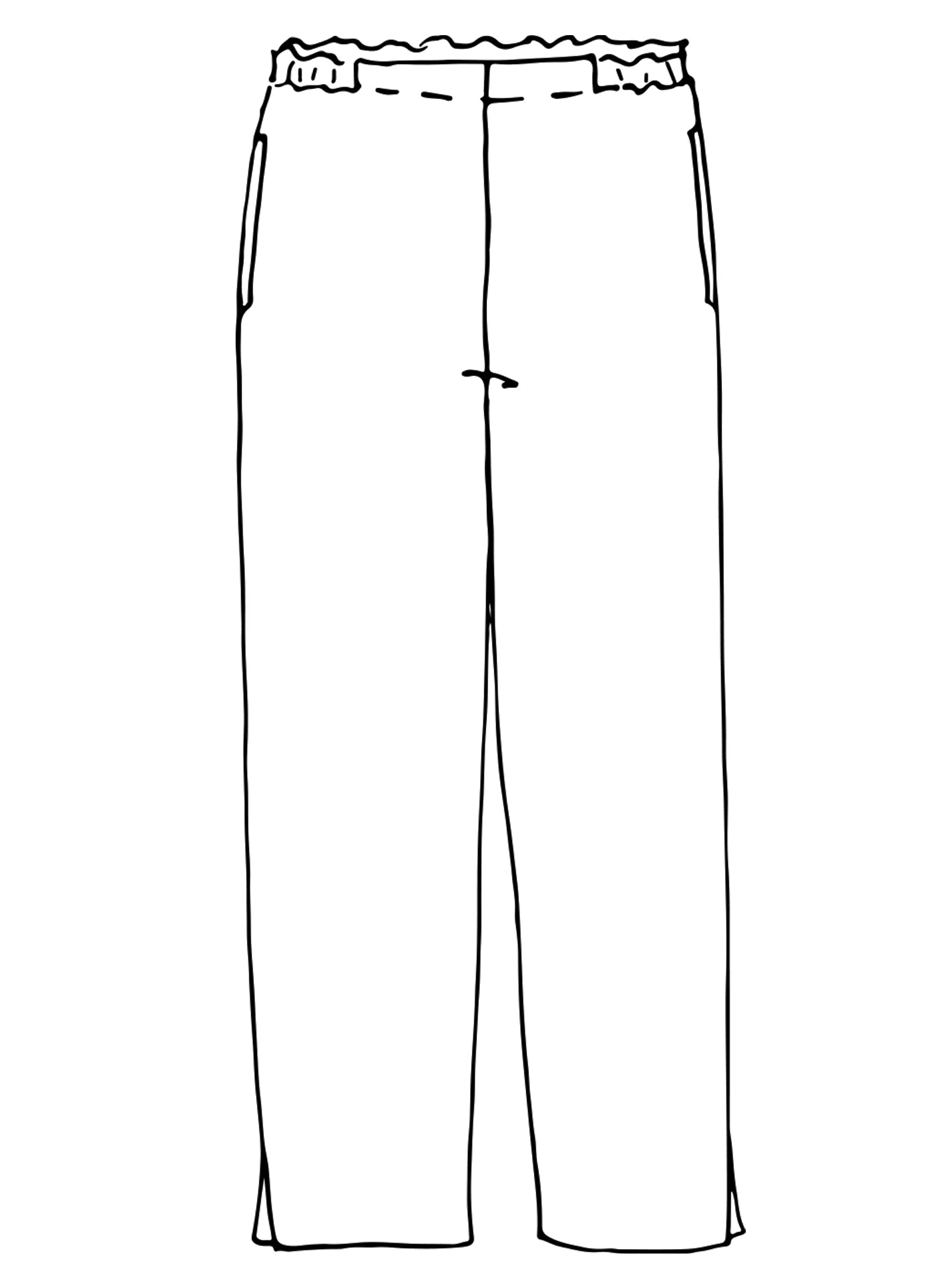 Pocketed Ankle Pant (detailed sketch), 100% Linen, flat front w/ 3/4 elastic waistband, side seam pockets, tapering as they go down, ending just above the ankle with hem slits.