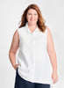 Skyline Blouse (shown in solid White), sleeveless blouse with a shirt collar and button-down front, cut on the bias in back, hi-low hem, 100% Linen, solid colors.
