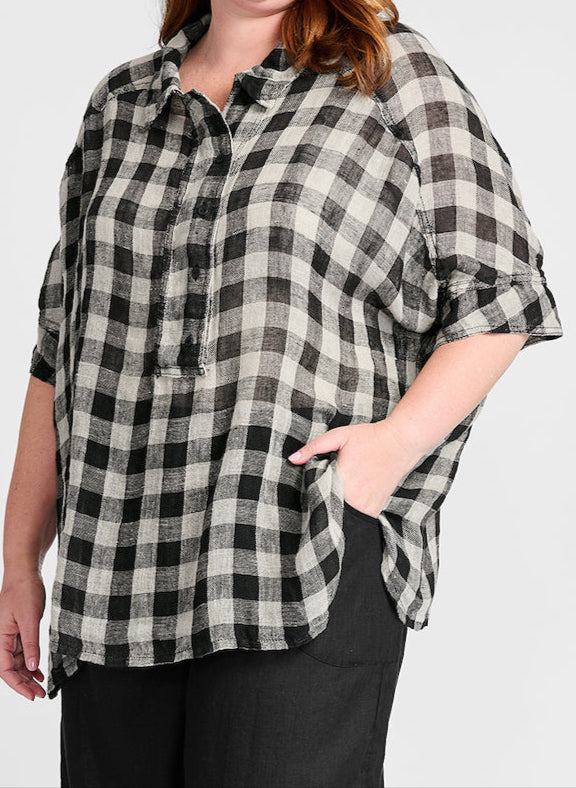 Sporty Shirt, shown in Asphalt Check, size Medium. 100% Linen Gauze.