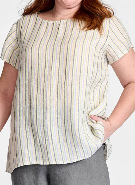 Sun Tee, shown in Summer Stripe.  Model is 5'9" tall, wearing size Medium.
