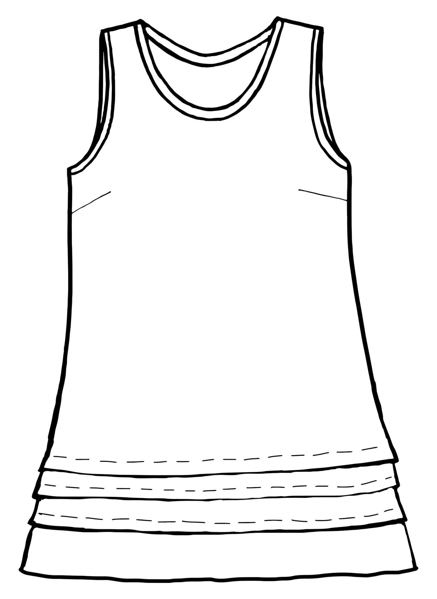 Tuck Tunic, detailed sketch shown. A sleeveless tunic, with a round neckline, bust darts for shaping, featuring a series of 3 pintucks along the hemline. 100% Linen..