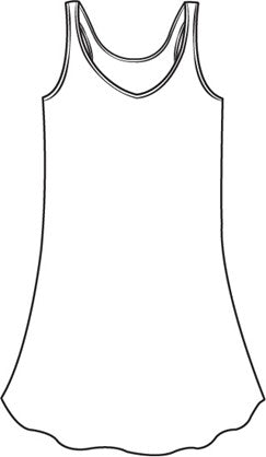 Two Way Bias Tunic, detailed sketch shown.  Sleeveless tunic, with narrow shoulder straps.  Slight A-line shape, cut on the bias for a contoured fit, finishes thigh-length.  100% Linen.