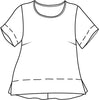 Roadie Tee, detailed sketch.  A hip-length linen t-shirt, with a scoop neckline, short sleeves finished with a wide border, an flattering A-line shape with bust darts for shaping, side slits for added movement, and a wide border along the front hemline.  The back is cleverly cut on the bias, for a more contoured fit, featuring a back yoke and center seam detail.  100% European Linen.