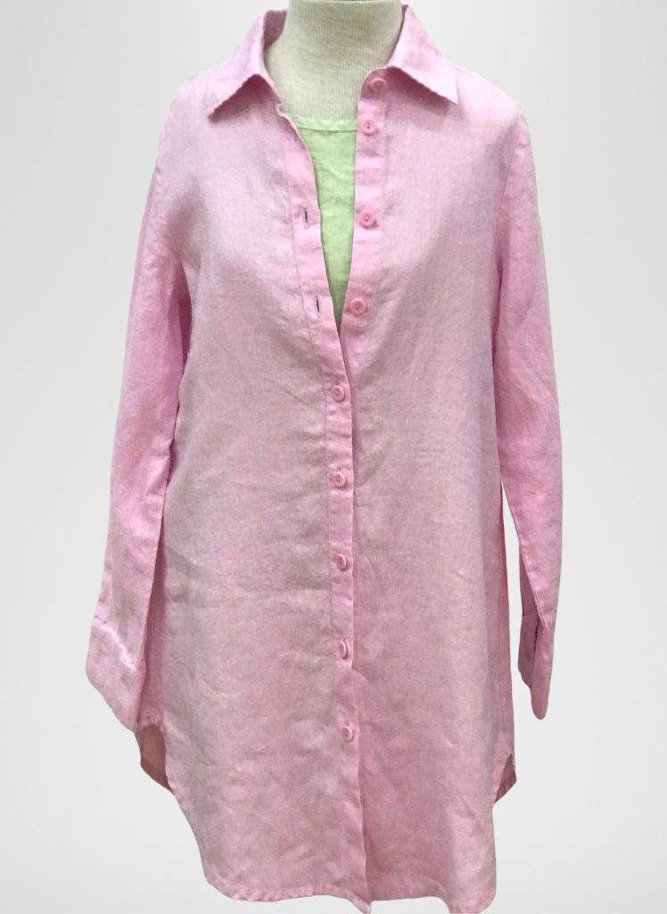 Afternoon Cover, shown in Carnation (pink) worn over the sleeveless Layer Tank in Honeydew.  100% Linen.