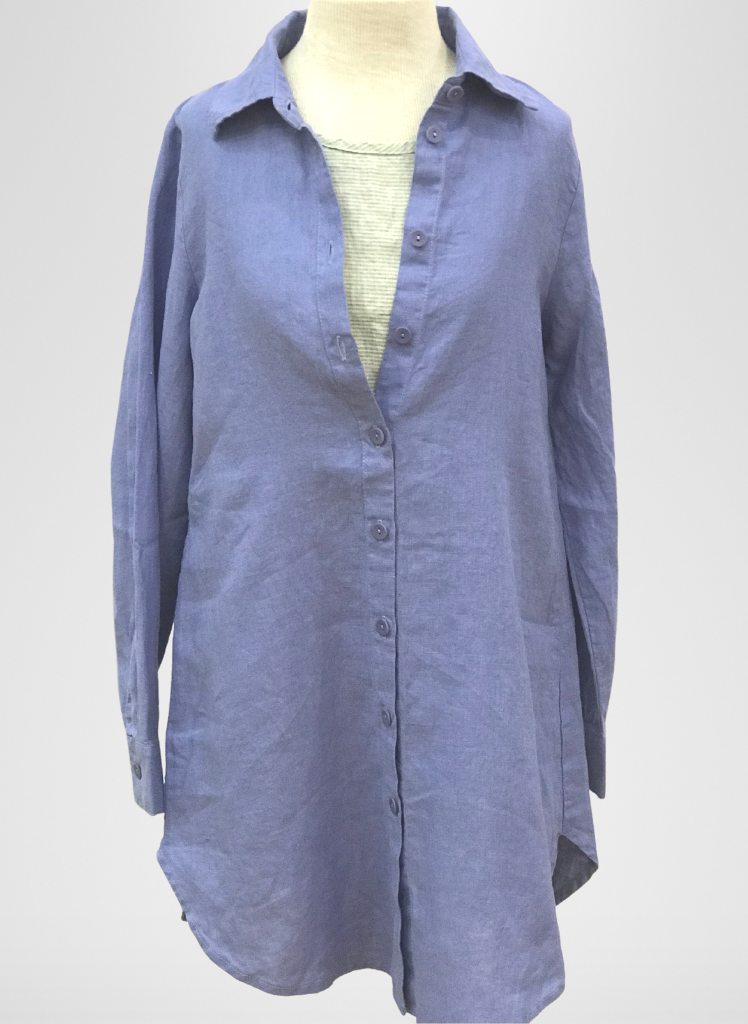 Afternoon Cover, shown in Bluebell, worn over the Layer Tank in Grassy Stripe.  100% Linen.
