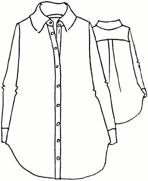 Afternoon Cover, detailed sketch shown.  An oversized button down blouse, with long sleeves and button cuffs, with back yoke detail, and a shirttail hem, 100% Linen.