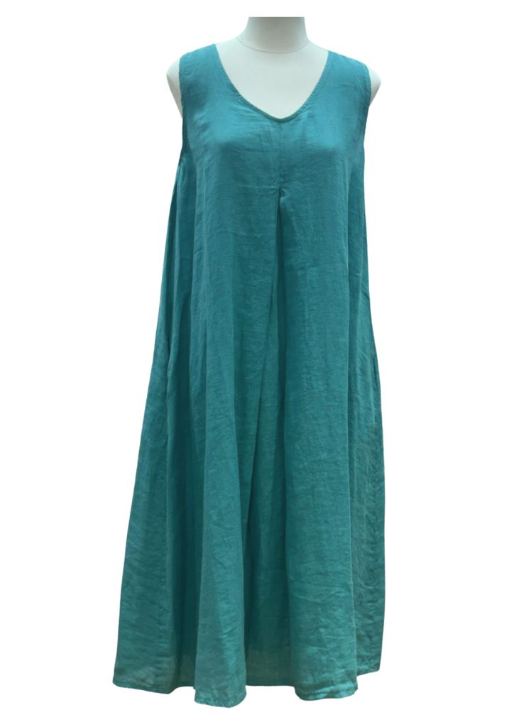 2 piece dress - featuring the Linen dress only.  V neckline, Inverted pleat, comfy relaxed fit.  Ends below the knee at mid-length.  100% Linen.
