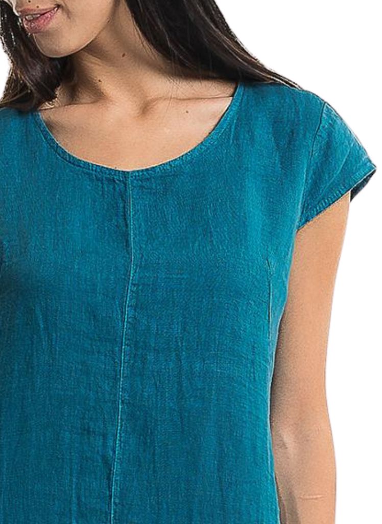 Featuring the Round neckline, short cap sleeves, and center seam detail.